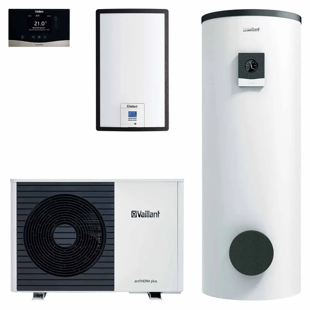 Wärmepumpe von Vaillant mit Außengerät, Innengerät und kombiniertem Warmwasserspeicher. Alle Geräte in weißer und schwarzer Farbgestaltung.